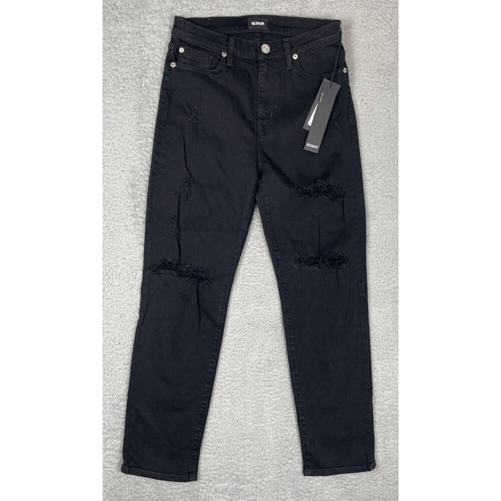 Hudson Zoeey Ankle Straight Jeans Womens 26 28x27 Black Distressed Stretch $245